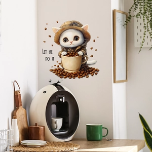 Cartoon white cat with coffee cup wall sticker featuring Let Me Do It text for kitchen