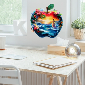 3D apple-shaped wall sticker featuring a sunset ocean scene and floral art decor