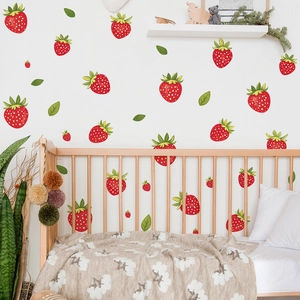 DIY cartoon strawberry wall decals for kids bedroom decor with red berries and green leaves