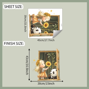 Panda and girl wall sticker dimensions showing 39x45cm layout and finished size