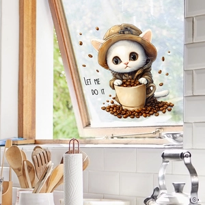 Cartoon white kitten with coffee beans and cup kitchen wall sticker decoration