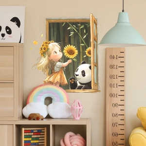 3D fake window wall sticker featuring a cute panda and girl with sunflower decoration