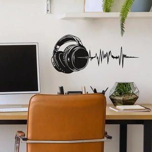 Minimalist black headphone and soundwave wall sticker for modern home office decor
