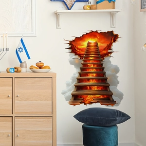 3D broken wall decal with wooden steps leading to fiery clouds for home decoration