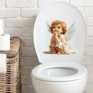 Cute angel wing wall sticker for bathroom decor featuring a praying cherub on toilet lid