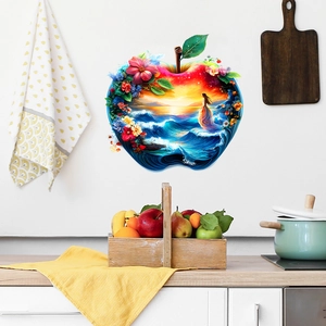 Creative apple shaped 3D wall sticker featuring ocean sunset and floral art for home decor