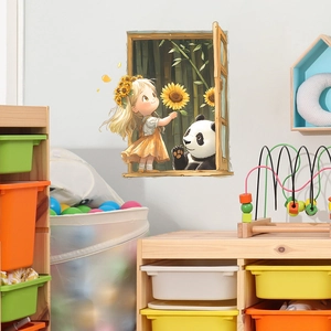 3D cartoon girl and panda wall decal with creative window view for cozy home decoration