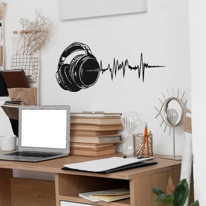 Minimalist black headphone and soundwave wall sticker for modern home office decor