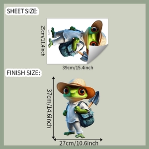 Detailed sheet size guide for cartoon frog wall sticker with dimensions in cm and inches