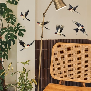 Set of 6 minimalist swallow bird wall decals in various flight poses for home decoration