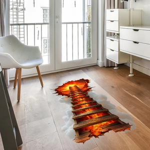 Creative 3D floor sticker with wood ladder leading to fire and clouds for room decor