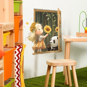3D fake window wall sticker featuring a cute panda and girl for kids room decoration
