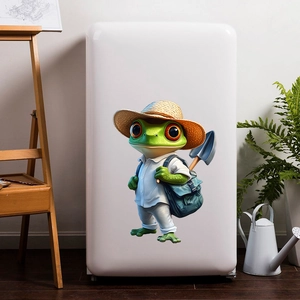 Cartoon frog explorer wall sticker with backpack and hat on a white refrigerator