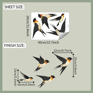 Detailed sheet showing realistic bird wall stickers with dimensions and PVC texture