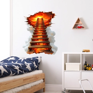 Creative 3D wall sticker featuring a fiery ladder to heaven design for bedroom decor