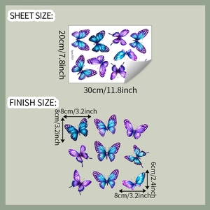 Detailed view of blue and purple butterfly wall stickers with size dimensions and layout