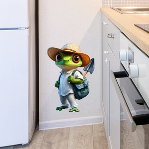 Cartoon frog wall sticker in kitchen setting with hat and backpack decoration
