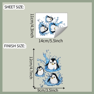 Detailed dimension sheet for cartoon penguin wall stickers showing sheet and finish sizes