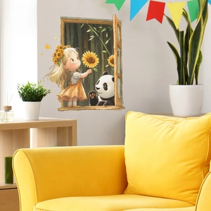 3D window wall sticker with cartoon panda and girl in a warm cozy living room decor