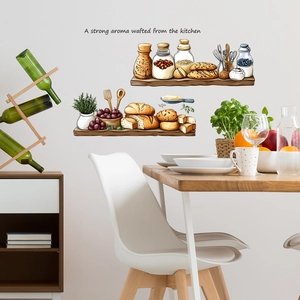 Kitchen wall stickers featuring hand-painted bread and fruit illustrations on a white wall