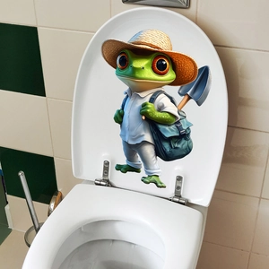 3D cartoon frog wall sticker with straw hat and backpack for bathroom home decor