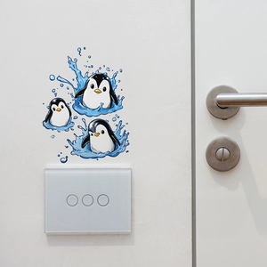 Cute cartoon penguin wall decals and blue water splashes for home light switch decor
