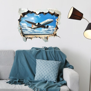 Sticker mural 3D effet avion sortant du mur pour décoration de salon contemporain