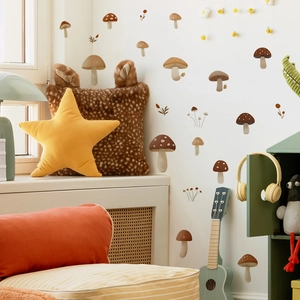 Cartoon mushroom wall stickers set with boho dots and leaves for cozy nursery room decor