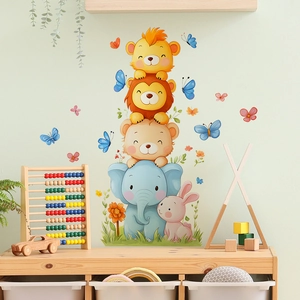 Cartoon animal stack wall decal with elephant and lion for kids bedroom decoration