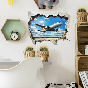 Sticker mural 3D effet mur brisé avec avion dans le ciel bleu pour décoration intérieure