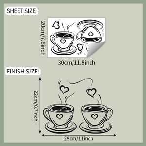 Detail view of coffee cup heart wall sticker showing sheet and finish dimensions