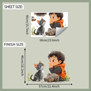 Detailed size guide for cute boy and kitten wall sticker showing layout and wall application