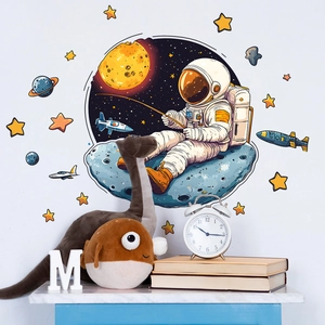 Cartoon astronaut and colorful planet wall stickers for kids bedroom space decor