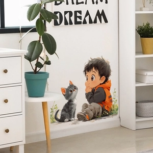 Cartoon wall sticker with a boy and cat for cozy bedroom and living room decoration