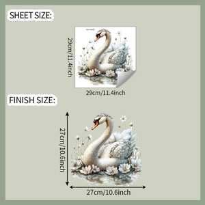 Detail showing swan toilet sticker dimensions with layout size 29x29cm and finish size 27x27cm