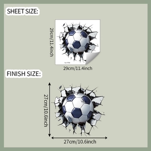Detailed sheet size and finish size guide for 3D soccer wall sticker breaking through wall