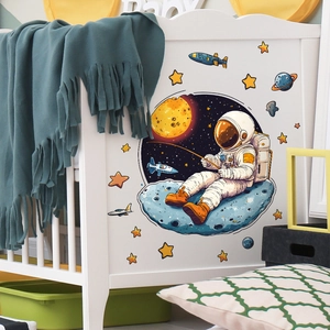 Cartoon astronaut and colorful planets wall stickers for kids bedroom and nursery decor
