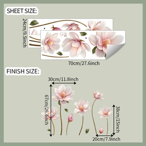 Detailed sheet size and finish size specifications for magnolia flower PVC wall stickers