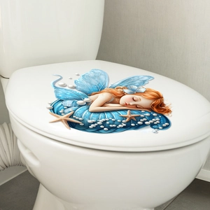 Cartoon sleeping mermaid toilet lid sticker with blue shells and pearls decor