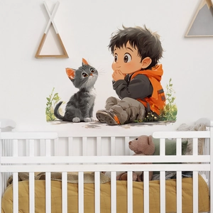 Cartoon Boy And Cat Wall Sticker Cute PVC Self-Adhesive Mural For Kids Room Bedroom Nursery Home Decoration Art