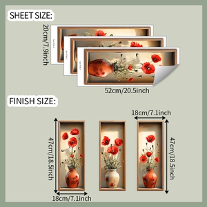 Detailed sizing chart for poppy flower wall stickers showing sheet and finish dimensions