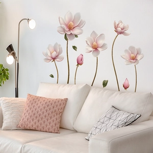 Close-up of pink magnolia flower wall stickers in a modern white living room decor