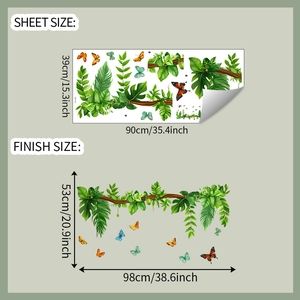 Detailed sheet and finish size dimensions for tropical plant and butterfly wall stickers