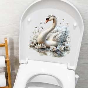 Elegant white swan toilet lid decal with sparkling rhinestones and daisy flower accents