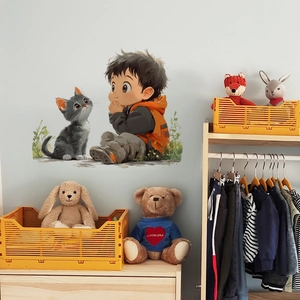 Cartoon boy and gray cat wall sticker for kids bedroom decor on warm white wall