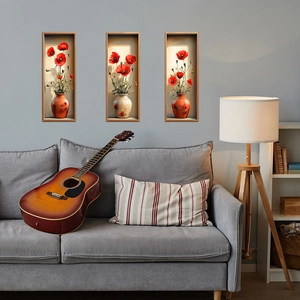 3D realistic poppy flower vase wall stickers set with vintage bottles and wood frames