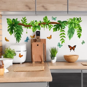 Tropical green leaf wall stickers with colorful butterflies for home kitchen decoration