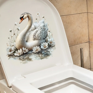 Detail of elegant painted swan toilet sticker with 3D floral and jewel accents