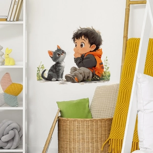 Cartoon boy and cat wall sticker decor for kids bedroom wall background decoration