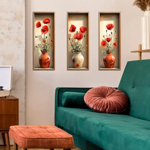 3D realistic red poppy flower wall stickers in vases for living room home wall decoration